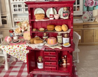 Dollhouse China  Hutch, Dishes and Handmade Food  and Miniature Accessories 1:12 scale Cabinet