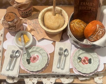 Miniature Cottage Style Handpainted Dishes Faux Mini Sourdough Board Handpainted Rose Dishes  Tray 1:12 dollhouse scale