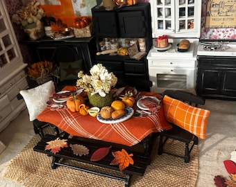 Miniature Dollhouse Fall Black Table, Chairs, Tablesetting, Faux Food, Handmade Floral Centerpiece Dollhouse scale Hand Painted