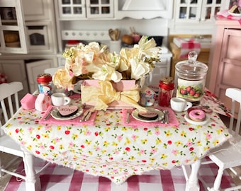 Miniature Dollhouse Spring Table, Chairs, Tablesetting, Floral Centerpiece Dollhouse scale
