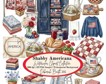 Pakiet akwarelowych clipartów Americana Shabby, naklejki do planera (pobranie cyfrowe 33 obrazów PNG)