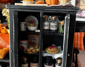 Miniature Black Distressed Cabinet and Food Accessories  Hutch Dollhouse Scale