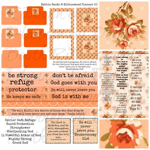 May include: A collage of inspirational quotes about strength, refuge, and protection, with a peach and orange color scheme and floral accents. The quotes include "Be strong and courageous", "Don't be afraid", "God goes with you", "He will never leave you", "God is with me", "He will fulfill the desire of those who fear Him", "The Lord is faithful", "He will never leave you", and "Stand Firm".