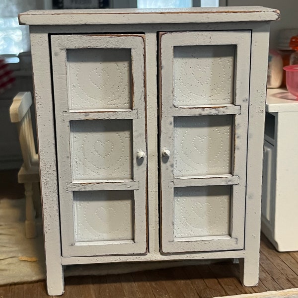 Miniature White Cupboard Distressed Shabby Pie Safe Dollhouse scale