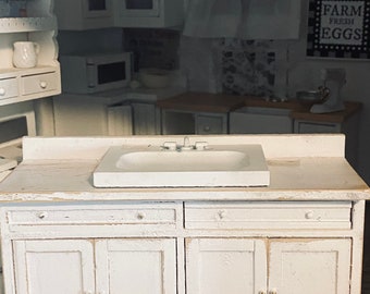 Miniature Dollhouse Shabby Painted and Distressed White Kitchen Sink and Cabinet free shipping