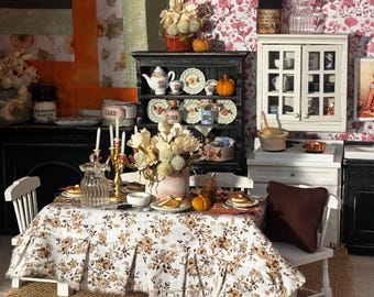 Miniature Dollhouse Prairie Table, Chairs, Tablesetting, Faux Food, Handmade Floral Centerpiece Dollhouse scale