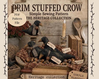 Prim Stuffed Crow Doll Sewing Pattern – 5" Crow Bowl Filler and Printable Tags (Digital Download)