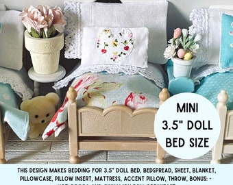 Miniature Bedding SEWING Pattern 3.5" Doll Sized Bedspread|Sheet|Pillow|Blanket|Mattress| Rug|