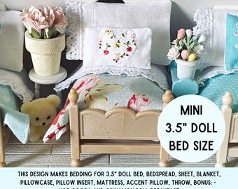 Bedding Sewing Pattern 3.5" Doll Sized Bedspread|Sheet|Pillow|Blanket|Mattress| Rug| 3" bedding pattern