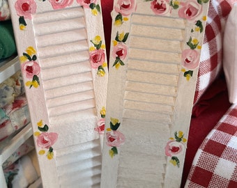 Dollhouse Hand Painted White Shutters with miniature Roses 1:12 scale