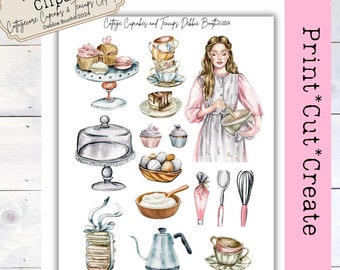 Cottagecore Cupcakes & Teacups Clipart | Print Cut Create | Printable Clipart Junk Journal Ephemera Immediate Download