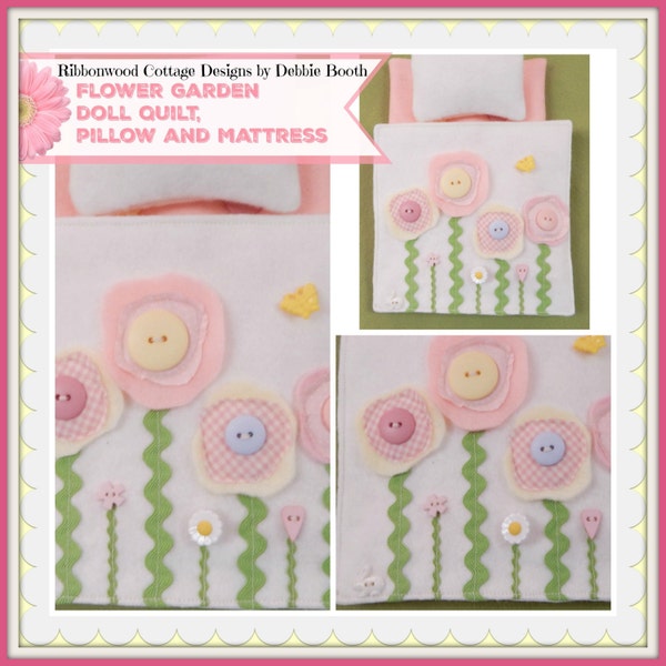 Sewing Pattern PDF - Flower Garden Wool Doll Quilt Mattress and Pillow 8"-10" doll size