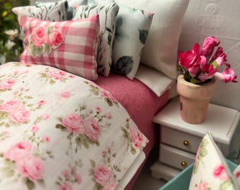 Miniature Shabby Roses Dollhouse Bedding Set, Euro shams, Sheet, Mattress , Bkabket, Pillows, Comforter, 1/12 Scale