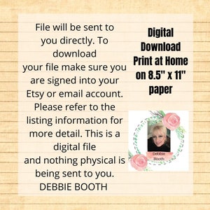 May include: Digital download print at home file on 8.5" x 11" paper. The text on the image says "File will be sent to you directly. To download your file make sure you are signed into your Etsy or email account."