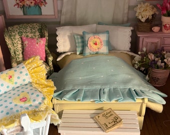 Miniature Cottagecore Dollhouse Bedding Set, Pillows, Comforter, 1/12 Scale
