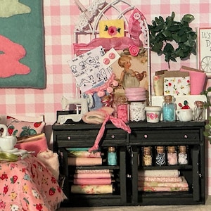 Miniature Sewing Cupboard Handpainted Cottage Style Sewing Cabinet, Decorated Garden Trellis and Handmade Accessories 1:12 Scale