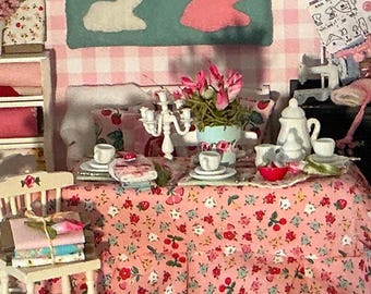 Miniature Dollhouse Spring Table, Chairs, Tablesetting, Floral Centerpiece Dollhouse scale