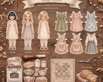 Lalka papierowa do druku Annie, Kathie, Emma Joy z kolekcji Heritage | Ribbonwood Cottage (plik PDF) do pobrania