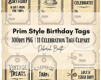 Vintage Prim Birthday Tags PNG clipart files | Digital and Printable|11 Tags