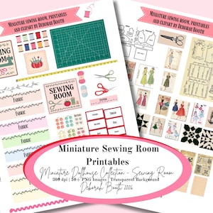 May include: A collection of miniature sewing room printables and clipart by Deborah Booth. The image features various sewing-themed illustrations, including scissors, spools of thread, fabric labels, and dress patterns. The text reads "Miniature Sewing Room Printables".