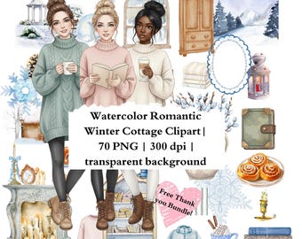 Watercolor Winter Cottage Clipart, Romantic Planner Stickers (70 PNG Images, Commercial Use)