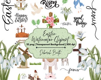 Easter watercolor Clipart, Planner Clipart, Religious Easter Celebration Watercolor Stickers Commercial Use | 32+  PNG Images
