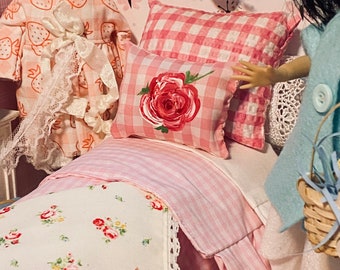 Shabby Chic Style Doll Bedding and Wood Bed with Hand Painted Rose Pillow- 1:6 scale one of a kind