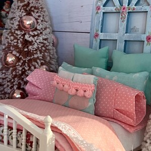 Miniature Christmas Bed. Hand painted window (used for headboard) Original Pastel Winter Style Bedding Set dollhouse scale
