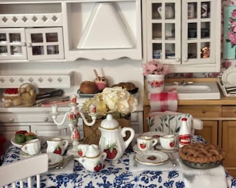 Miniature Dollhouse Farmhouse Table, Chairs, Strawberry Dishes Tablesetting, Floral Centerpiece Dollhouse scale