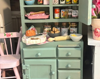 Dollhouse Miniature Cottage Green Hoosier Hutch with Faux Baked Goods, Dishes and Canned Goods,  Linens, 1:12 Scale