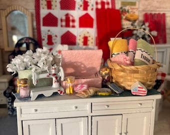 Miniature Dollhouse Quilt and Sewing Room Cabinet Hutch 1:12 Scale Dollhouse Furniture with Sewing Accessories