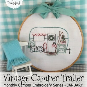 Série de broderie de remorque de camping-car vintage du mois de janvier - Art du cerceau ou de la courtepointe