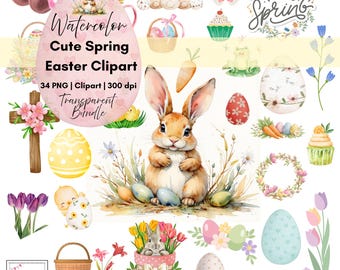 Watercolor Spring Easter Cute  Clipart, Planner Clipart, Watercolor Stickers Commercial Use | 34 PNG Images
