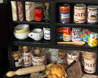 Miniature Dollhouse Black Distressed Kitchen Hutch Fall Decor and Food Dishes and Handmade Accessories Dollhouse Scale