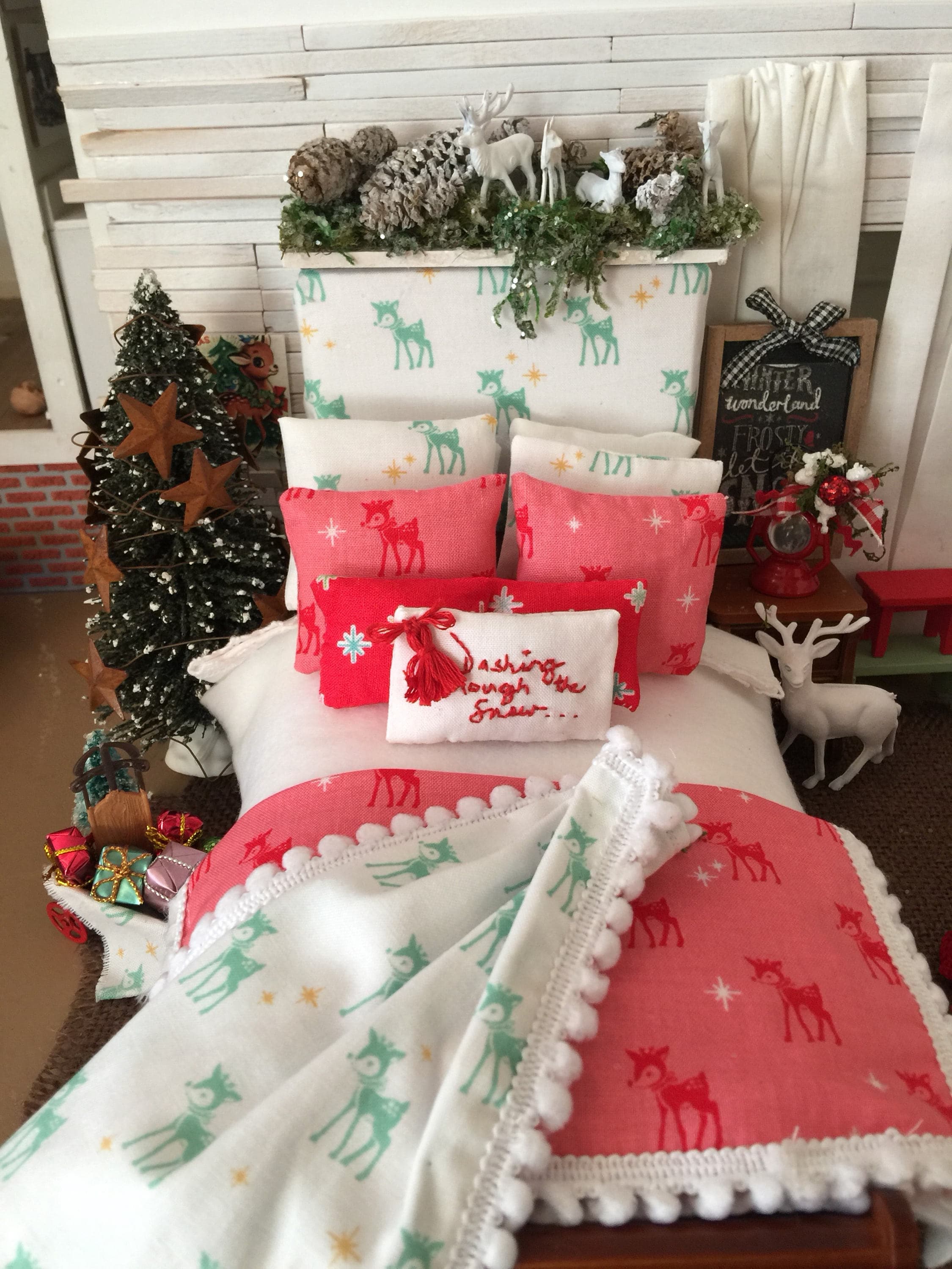 miniature dollhouse christmas reindeer bedding headboard and wooden sleigh bed 112 scale one of a kind - Dollhouse Christmas Decorations miniature dollhouse christmas reindeer bedding headboard and wooden sleigh bed 112 scale one of a kind - Dollhouse Christmas Decorations