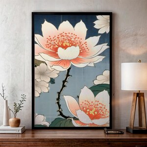 Grabado flores japonesas, arte japonés vintage, arte vintage, cartel floral, poster de flores,  arte de pared, descarga digital, home decor.