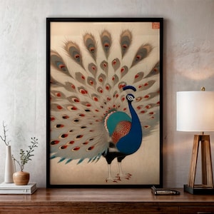 Grabado pavo real japonés, arte japonés vintage, arte vintage, cartel pavo, poster pavo real,  arte de pared, descarga digital, home decor.