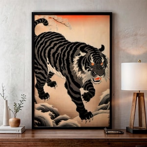 Grabado tigre japonés, arte japonés vintage, arte vintage, cartel tigre, poster de tigre,  arte  pared, descarga digital, home decor, Japón