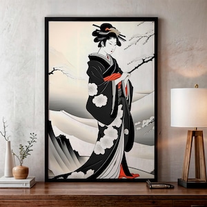 Grabado geisha japonesa, arte japonés vintage, arte vintage, cartel geisha, poster de geisha,  arte de pared, descarga digital, home decor.