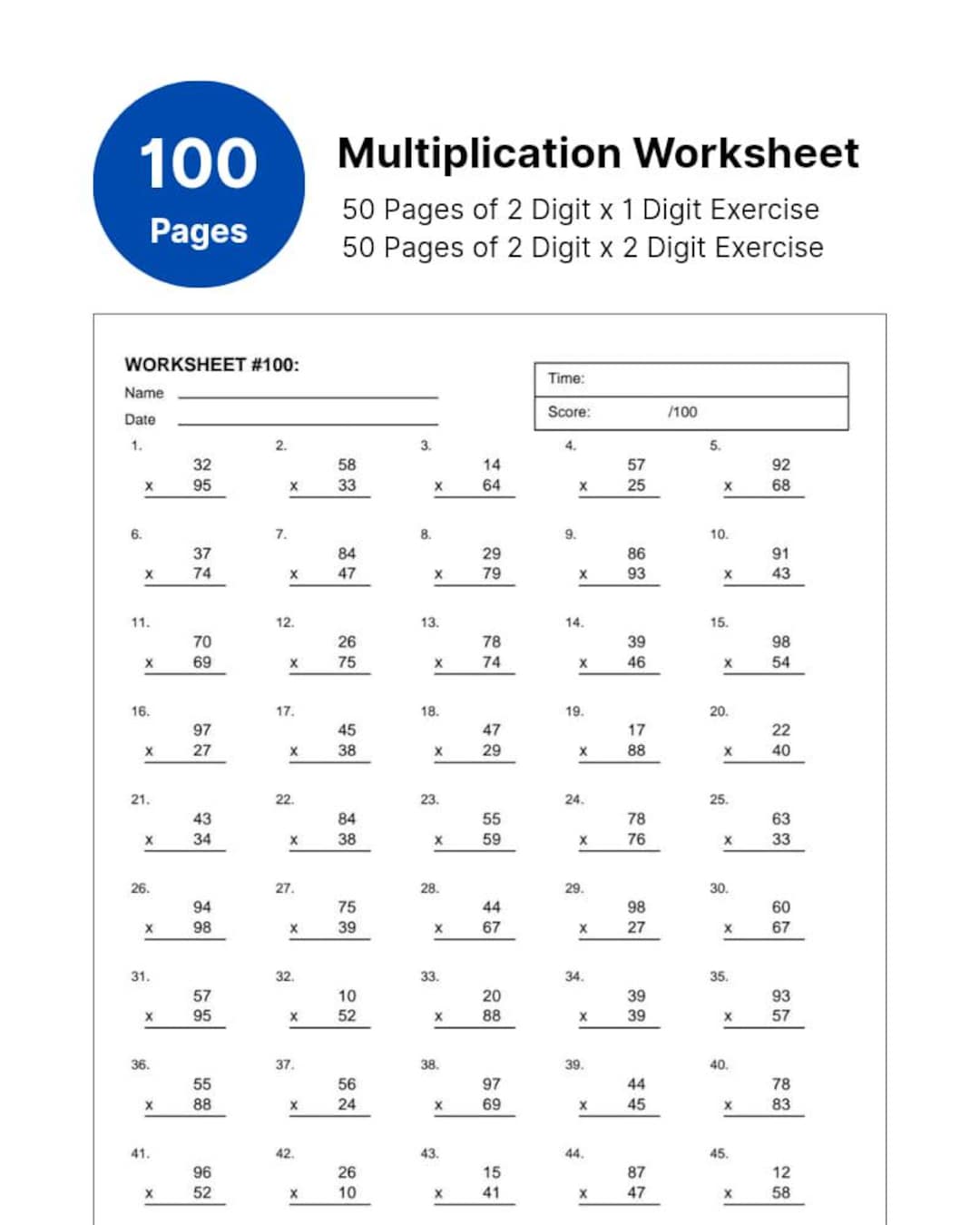 100 Pages of Printable Multiplication Worksheets, Math Timed Sheet, A4 ...