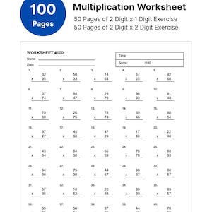May include: A multiplication worksheet with 100 pages of practice problems. The worksheet is divided into two sections: 50 pages of 2-digit by 1-digit multiplication and 50 pages of 2-digit by 2-digit multiplication.