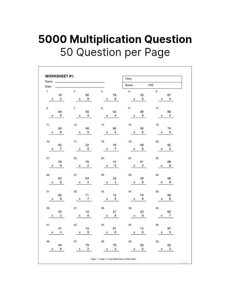 100 Pages of Printable Multiplication Worksheets, Math Timed Sheet, A4 ...