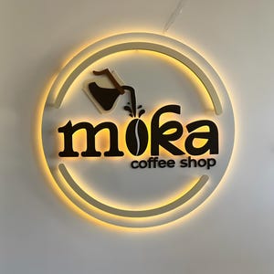 Letrero con logotipo comercial, letrero de cafetería, letras metálicas para pared, letrero con logotipo de empresa en 3D, letreros iluminados con halo, letrero para escaparate, señalización metálica LED para exteriores.