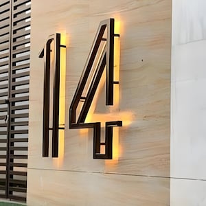 Letrero flotante con número de casa, letras metálicas en relieve, retroiluminación, dirección moderna, letrero metálico LED para exterior, letras para pared