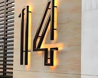 Schwimmendes Hausnummer Schild, Erhöhte Metallbuchstaben, Hinterleuchtetes Hausnummer Schild im Freien, Modernes Haus Adressschild, Halo beleuchtete Ladenadresse, Metallschild