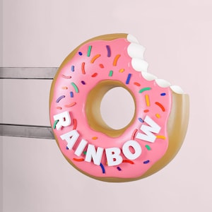 May include: A pink and brown donut with sprinkles and the word "RAINBOW" written on it. The donut is hanging from a metal bracket on a wall.
