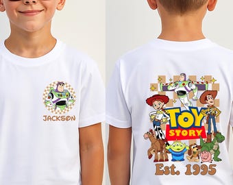 Aangepast Toy Story-shirt, Disney Woody en Buzz Lightyear-T-shirt, Pixar-peuterkindersweater, Toy Story-gezinsreisje ronde hals