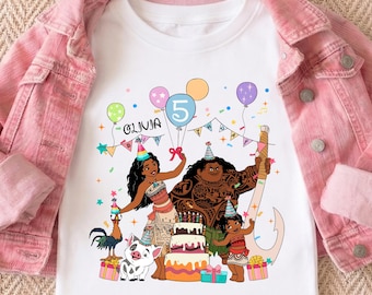 Camiseta de cumpleaños de la princesa Moana, camiseta personalizada de Disney para niña de cumpleaños, sudadera de fiesta de Moana, camisetas de regalo de cumpleaños de Maui para niños, camiseta de viaje de cumpleaños a WDW