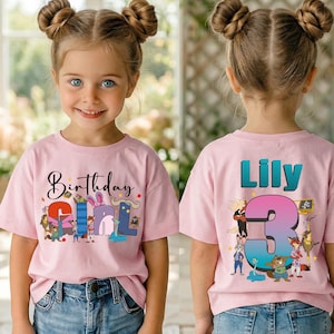 May include: Pink short-sleeved t-shirt with the words "Birthday Girl" and a colorful graphic on the front. The back of the shirt has the name "Lily" and the number "3" with cartoon characters.
