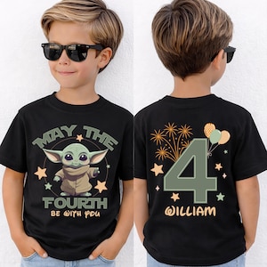 Baby Yoda 4th Birthday Shirt, May The Four Birthday Tee, Star Wars Birthday Sweatshirt, Custom R2D2 Kids Gift, Galaxys Edge Fourth Party Tee